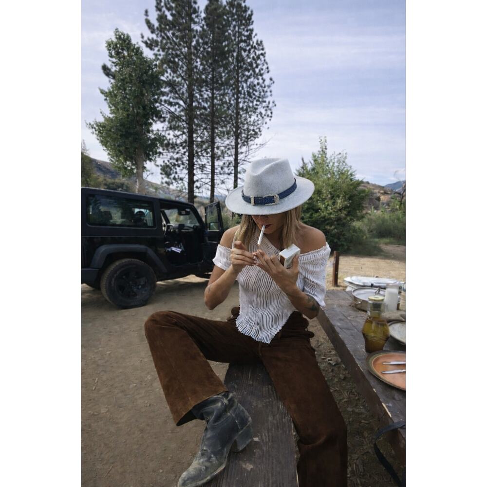 Gray Wool Fedora Western Hat | Reworked Belt Festival Boho Luxe Anthropologie